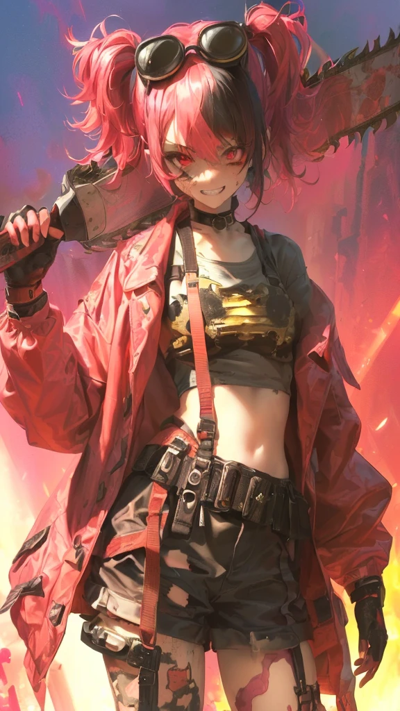 ultra-detailed, crazy girl, beautiful eyes, red eyes, , cute figure, cute face, grin, executioner, small horns on either side of forehead, Steampunk style goggles on head, sharp eyes, wild and bold, hair color pink gradient with black accent only on left side, hair in bun, bob bangs, Steampunk, (((overall clothes are dirty and tattered))), large military design jacket, black shorts, thigh-high knee socks, boots, leather gloves with the fingers cut off, (((worn-out, horrible saw, but cutely designed))), background is a collapsed On a live stage in hell with buildings, pink and red lights shining, composition like a scene from a movie, 16K, top quality, masterpiece