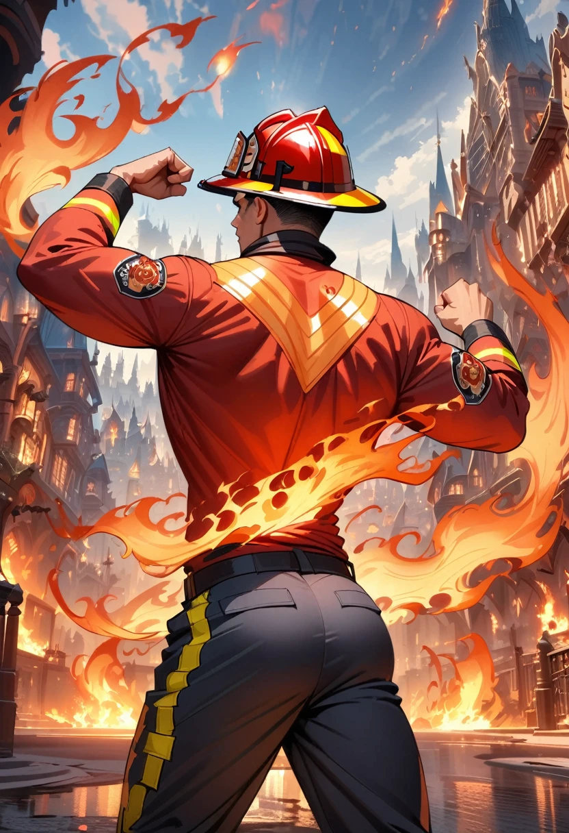 (bombero de vuelta:1.5),  desde atrás，vistiendo una camisa hecha jirones, combustion,fuego， luminiscencia, poses dinámicas, postura de lucha, (fondo de la ciudad de fantasía), pantalones,, Práctico, obra maestra, detalles intrincados, antecedentes detallados, profundidad de campo, espalda fitness,