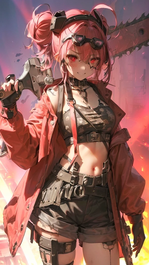 ultra-detailed, crazy girl, beautiful eyes, red eyes, , cute figure, cute face, grin, executioner, small horns on either side of forehead, Steampunk style goggles on head, sharp eyes, wild and bold, hair color pink gradient with black accent only on left side, hair in bun, bob bangs, Steampunk, (((overall clothes are dirty and tattered))), large military design jacket, black shorts, thigh-high knee socks, boots, leather gloves with the fingers cut off, (((worn-out, horrible saw, but cutely designed))), background is a collapsed On a live stage in hell with buildings, pink and red lights shining, composition like a scene from a movie, 16K, top quality, masterpiece