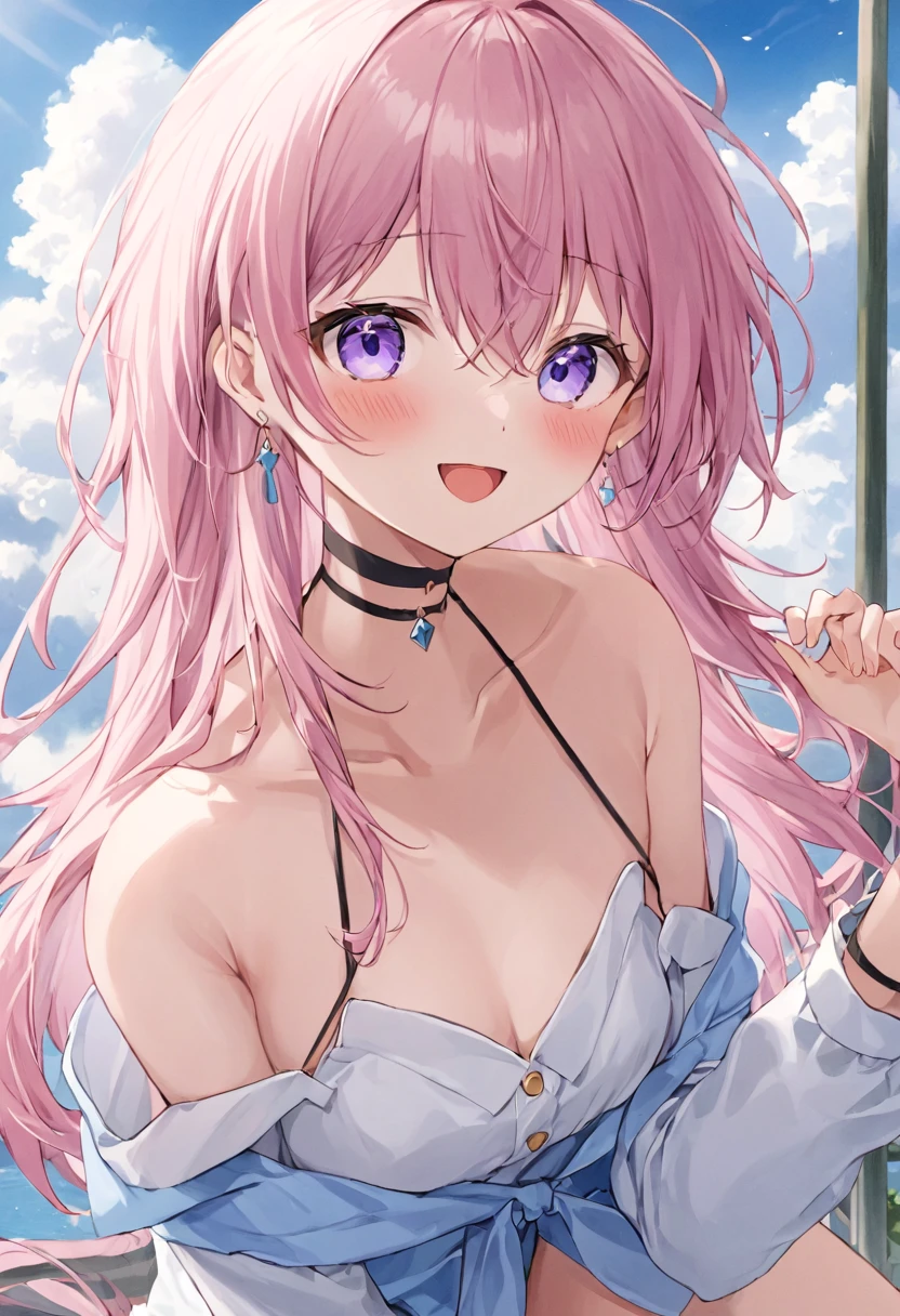 Super detailed,(highest quality),((masterpiece)),(High resolution),original,very,Sanyueki, One girl, alone, Pink Hair, smile,bangs, Open your mouth, :d, View Viewer,Long sleeve, Long Hair, Purple eyes, Outdoor, shirt, Hair between the eyes, cloud, choker, Day, white shirt,chest, black choker, Earrings, blush, Pink Eyes,blue eyes, Exposing shoulders,Thighs,whole body