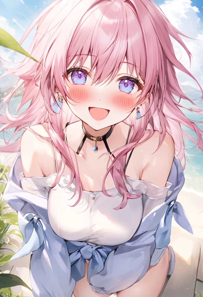 Super detailed,(highest quality),((masterpiece)),(High resolution),original,very,Sanyueki, One girl, alone, Pink Hair, smile,bangs, Open your mouth, :d, View Viewer,Long sleeve, Long Hair, Purple eyes, Outdoor, shirt, Hair between the eyes, cloud, choker, Day, white shirt,chest, black choker, Earrings, blush, Pink Eyes,blue eyes, Exposing shoulders,Thighs,whole body,nsfw,