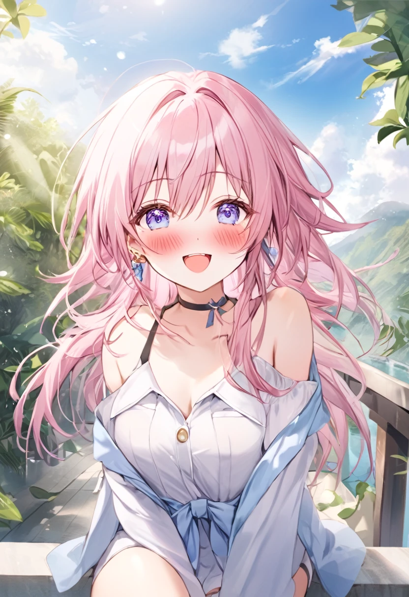 Super detailed,(highest quality),((masterpiece)),(High resolution),original,very,Sanyueki, One girl, alone, Pink Hair, smile,bangs, Open your mouth, :d, View Viewer,Long sleeve, Long Hair, Purple eyes, Outdoor, shirt, Hair between the eyes, cloud, choker, Day, white shirt,chest, black choker, Earrings, blush, Pink Eyes,blue eyes, Exposing shoulders,Thighs,whole body,nsfw,