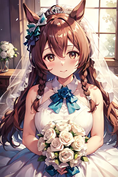 mejiro_bright_(umamusume) wearing a white wedding dress, tiara, wedding veil in front of face, wedding bouquet