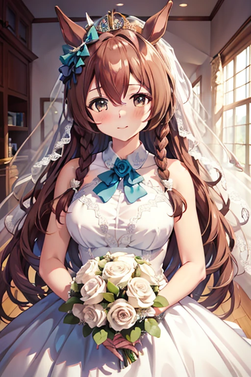 mejiro_bright_(umamusume) wearing a white wedding dress, tiara, wedding veil in front of face, wedding bouquet