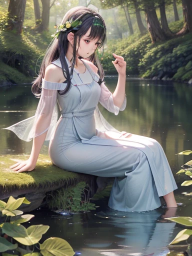 (best quality, 4k, 8k, highres, masterpiece:1.2), ultra-d etailed,(realistic, photorealistic,photo-realistic:1 .37), portrait of fairies,enjoying water play in a beautiful r iver in the forest,fairy with detailed face and hands, enchanted woodland scene, sparkling water, sunlig ht streaming through the trees, vibrant colors, ether eal atmosphere, delicate wings, flowing dresses, mi schievous expressions, shimmering reflections on t he water surface