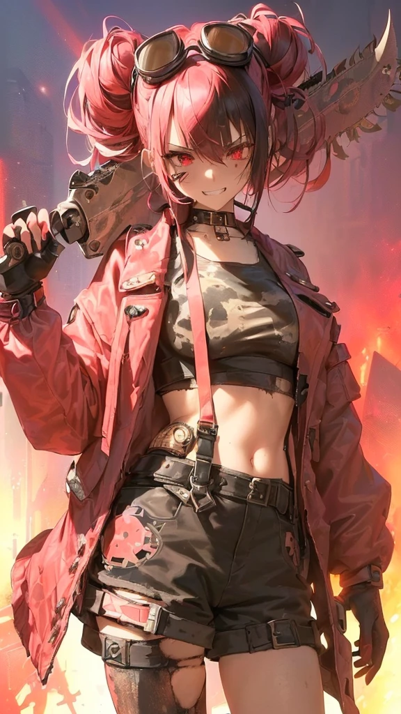 ultra-detailed, crazy girl, beautiful eyes, red eyes, , cute figure, cute face, grin, executioner, small horns on either side of forehead, Steampunk style goggles on head, sharp eyes, wild and bold, hair color pink gradient with black accent only on left side, hair in bun, bob bangs, Steampunk, (((overall clothes are dirty and tattered))), large military design jacket, black shorts, thigh-high knee socks, boots, leather gloves with the fingers cut off, (((worn-out, horrible saw, but cutely designed))), background is a collapsed On a live stage in hell with buildings, pink and red lights shining, composition like a scene from a movie, 16K, top quality, masterpiece