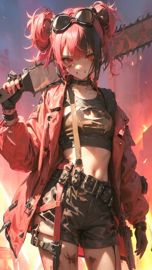 ultra-detailed, crazy girl, beautiful eyes, red eyes, , cute figure, cute face, grin, executioner, small horns on either side of forehead, Steampunk style goggles on head, sharp eyes, wild and bold, hair color pink gradient with black accent only on left side, hair in bun, bob bangs, Steampunk, (((overall clothes are dirty and tattered))), large military design jacket, black shorts, thigh-high knee socks, boots, leather gloves with the fingers cut off, (((worn-out, horrible saw, but cutely designed))), background is a collapsed On a live stage in hell with buildings, pink and red lights shining, composition like a scene from a movie, 16K, top quality, masterpiece