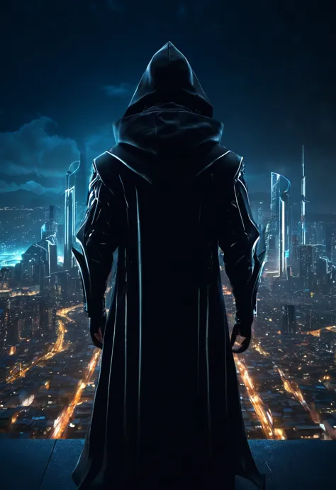 a man in a hooded futuristic outfit, standing on a ledge, observing a futuristic city at night, dark cityscape with bright light...