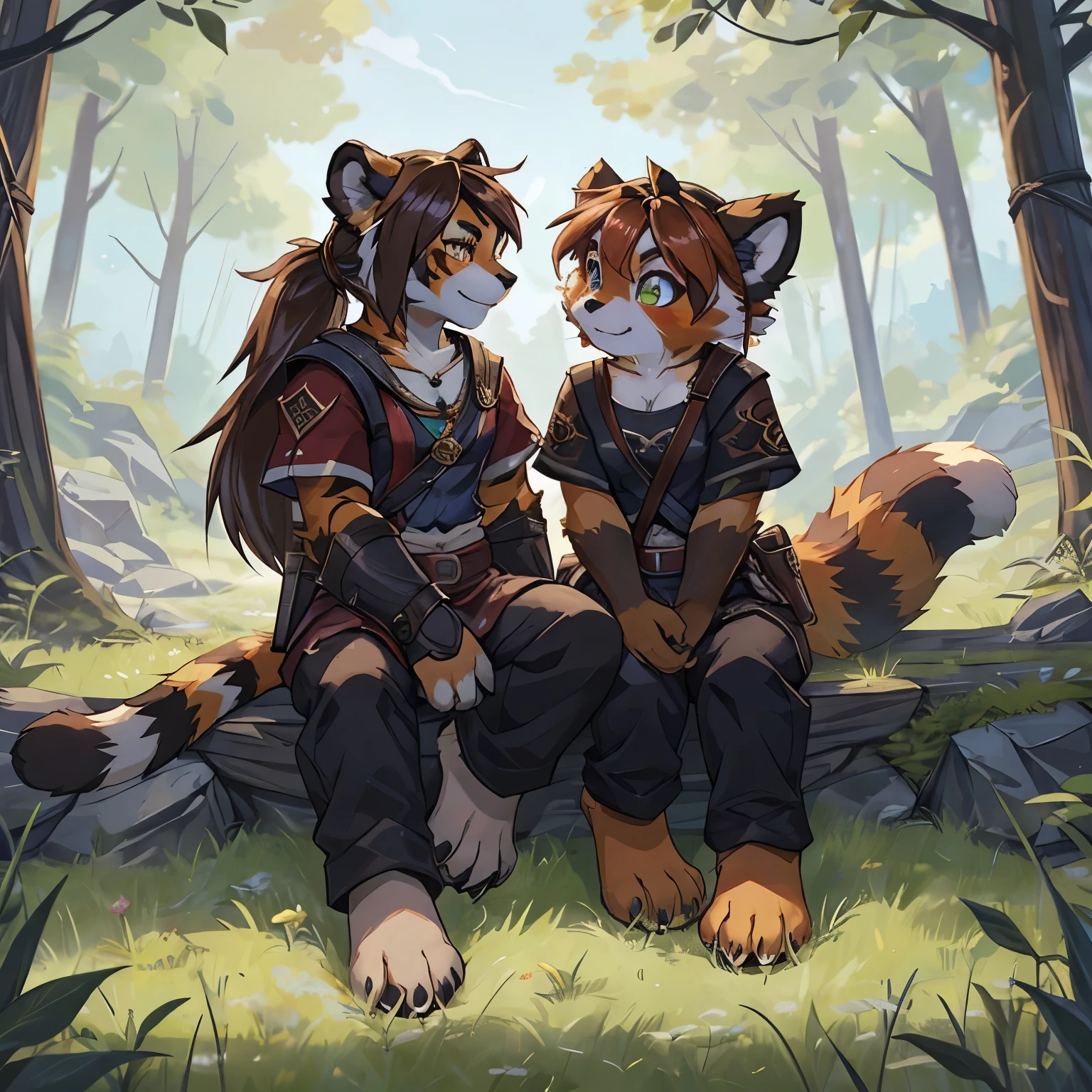 (4fingers), small_round_ears, small_panda_ears, pandaren, world_of_warcraft, furry, anthropomorphic, fluffy_tail, foxtail, cfemale, claws, red_panda, ggreen_eyes, (pupils), (four_fingers), short hair, brown_hair, ((three_toes)), ((3toes)), ((detailed_eyes)), ((detailed_face)), detailed_hands, simple clothes, messenger bag, couple, lesbians, sitting on grass, forest, height difference,