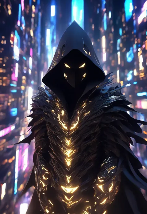 a man in a hooded futuristic outfit, standing on a ledge, observing a futuristic city at night, dark cityscape with bright light...