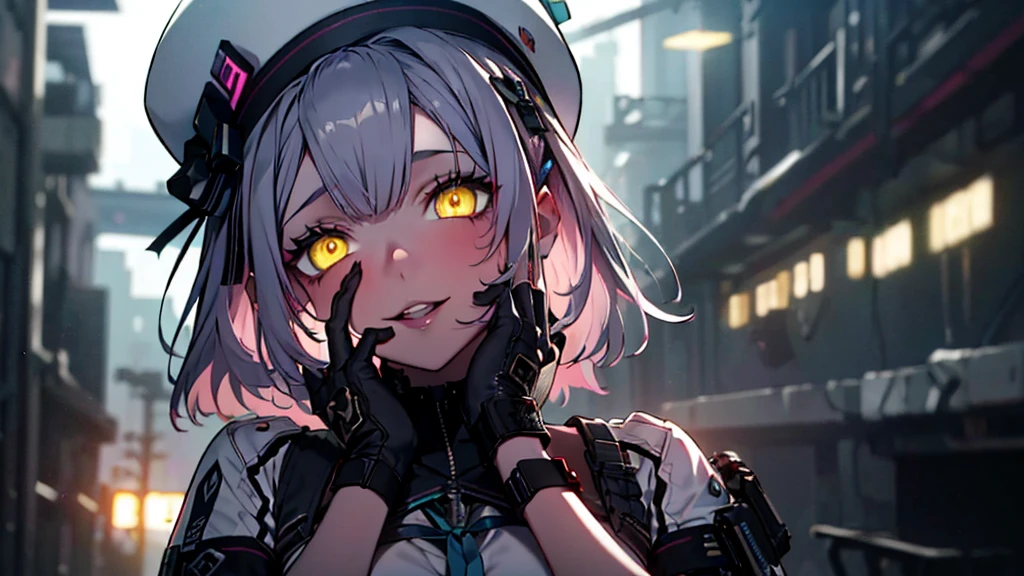 ((Best quality)), ((masterpiece)), (detailed:1.4), 3D, an image of a beautiful cyberpunk female, Yandere , Yandere Face , Trance , Trance Eyes , yameroyandere , constricted pupils , yandere , empty eyes . shaded face , crazy eyes , glowing yellow eyes , crazy smile , neonfx, neon_valorant, 1girl, solo, looking at viewer, yellow eyes,long silver pink  hair, shoulder length hair , white barret hat , gloves, navel, bare midriff,  multicolored hair, parted lips, black gloves, belt, pants, hand on hip, floating hair, bandaid, bandaid on face, electricity, animification, bandaid on nose, large breasts, HDR (High Dynamic Range),Ray Tracing,NVIDIA RTX,Super-Resolution,Unreal 5,Subsurface scattering,PBR Texturing,Post-processing,Anisotropic Filtering,Depth-of-field,Maximum clarity and sharpness,Multi-layered textures,Albedo and Specular maps,Surface shading,Accurate simulation of light-material interaction,Perfect proportions,Octane Render,Two-tone lighting,Wide aperture,Low ISO,White balance,Rule of thirds,8K RAW,