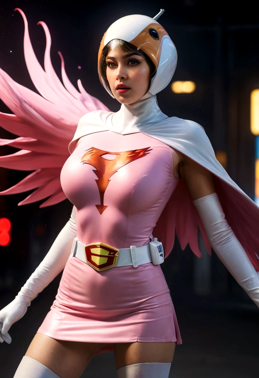 A girl in pink Gatchaman costume, long boots, long gloves, standing, one leg up, detailed face, H3JTS, giga_busty, best quality, 4k, 8k, highres, masterpiece:1.2, ultra-detailed, realistic, photorealistic, photo-realistic:1.37, HDR, UHD, studio lighting, ultra-fine painting, sharp focus, physically-based rendering, extreme detail description, professional, vivid colors, bokeh, concept art