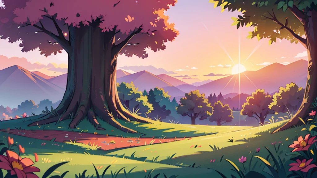 4k ultra HD, twilight sun just below the horizon they sky painted hues of orange, pink and purple landscape, very detailed, perfect lighting, beautiful field, red flowers, lush green grass, a giant massive trunk of tree reaching far into the clouds in the distance