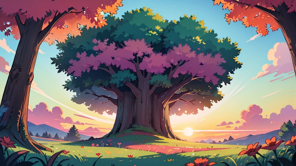 4k ultra HD, twilight sun just below the horizon they sky painted hues of orange, pink and purple landscape, very detailed, perfect lighting, beautiful field, red flowers, lush green grass, a giant massive trunk of tree reaching far into the clouds in the distance