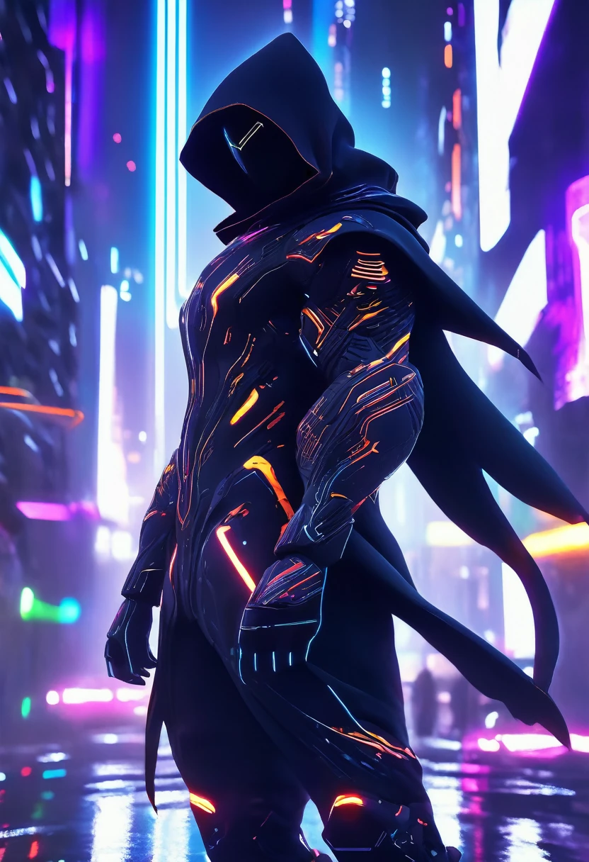 wide long shot, ((a man in a hooded futuristic suit with his back to the camera:1.5)), standing on a ledge, looking at a futuristic city at night, a dark cityscape with bright lights (best quality, 4k, 8k , high resolution, masterpiece: 1.2), ultra detailed (realistic, photorealistic, photorealistic: 1.37), cinematic lighting, dramatic shadows, moody atmosphere, intricate details, bright city lights, advanced technology, retro-futuristic architecture, dynamic pose, hood that casts shadows on the face, intense gaze