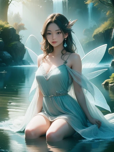 (best quality, 4k, 8k, highres, masterpiece:1.2), ultra-d etailed,(realistic, photorealistic,photo-realistic:1 .37), portrait of fairies,enjoying water play in a beautiful r iver in the forest,fairy with detailed face and hands, enchanted woodland scene, sparkling water, sunlig ht streaming through the trees, vibrant colors, ether eal atmosphere, delicate wings, flowing dresses, mi schievous expressions, shimmering reflections on t he water surface