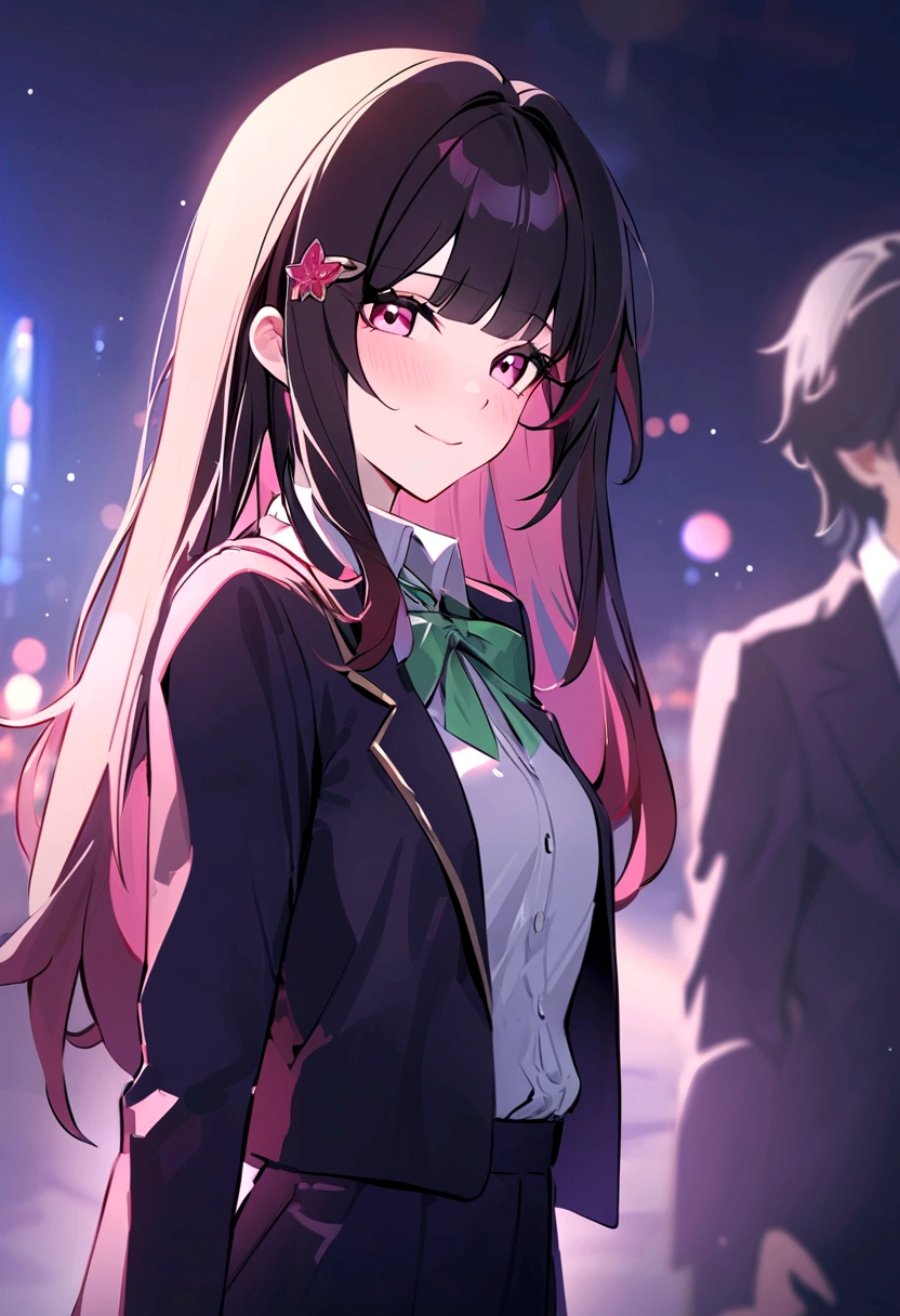 masterpiece, highest quality,blazer, arms_in_~ side, One Girl, Looking_in_audience,honkai_(series), Simple_background, shirt, head_ribbon, Open_Jacket, green_ribbon, Side Lock, With collar_shirt, smile, hair_ornament, hair_intake, honkai:_star_rail, ribbon, Jacket, black_Jacket, Closed_mouth,Open_Clothes, School_uniform, 一人in, hairclip