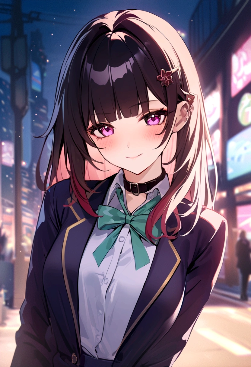 masterpiece, highest quality,blazer, arms_in_~ side, One Girl, Looking_in_audience, honkai_(series),shirt, head_ribbon, Open_Jacket, green_ribbon, Side Lock, upper_body, With collar_shirt, smile, hair_ornament, hair_intake, honkai:_star_rail, ribbon, Jacket, black_Jacket, Closed_mouth, blush, Open_Clothes, School_uniform, 一人in, hairclip,nsfw,Outdoor