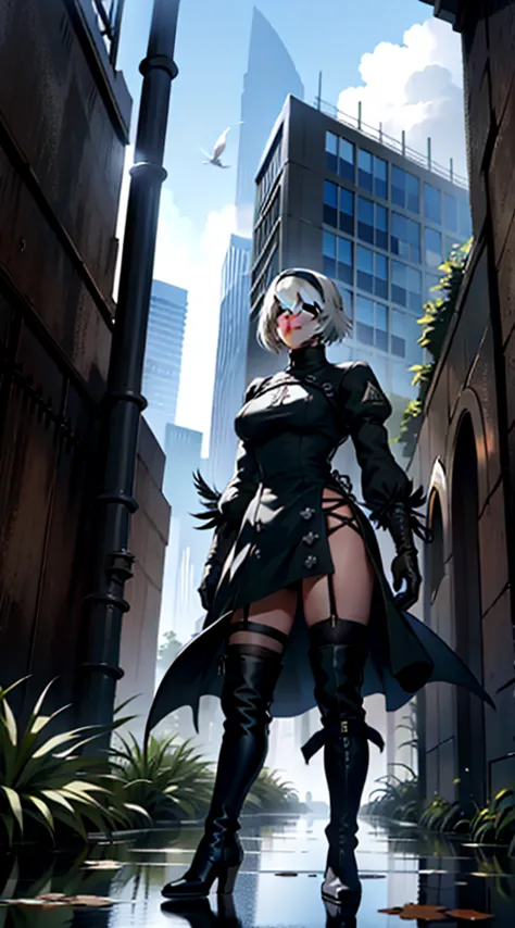 yorha no. 2 type b, 1boy, absurdres, black blindfold, black dress, black hairband, blindfold, blue sky, boots, building, city, c...