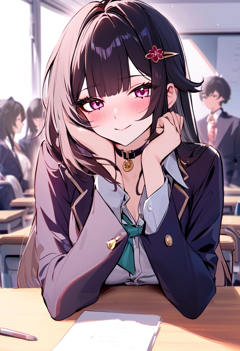 masterpiece, highest quality,blazer, arms_in_~ side, One Girl, Looking_in_audience, honkai_(series),shirt, head_ribbon, Open_Jacket, green_ribbon, Side Lock, upper_body, With collar_shirt, smile, hair_ornament, hair_intake, honkai:_star_rail, ribbon, Jacket, black_Jacket, Closed_mouth, blush, Open_Clothes, School_uniform, 一人in, hairclip,nsfw,White classroom