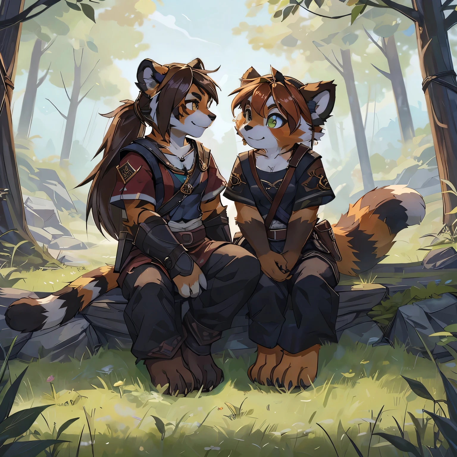 (4fingers), small_round_ears, small_panda_ears, pandaren, world_of_warcraft, furry, anthropomorphic, fluffy_tail, foxtail, cfemale, claws, red_panda, gren eyes, (pupils), (four_fingers), short hair, brown_hair, ((three_toes)), ((3toes)), ((detailed_eyes)), ((detailed_face)), detailed_hands, simple clothes, messenger bag, couple, lesbians, sitting on grass, forest, height difference,