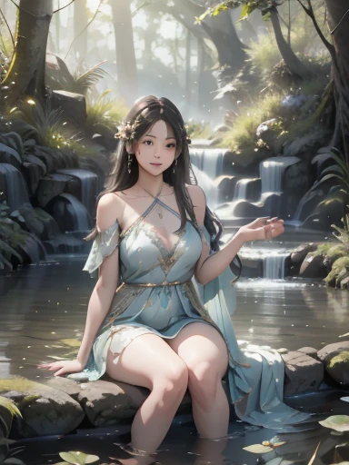 (best quality, 4k, 8k, highres, masterpiece:1.2), ultra-d etailed,(realistic, photorealistic,photo-realistic:1 .37), portrait of fairies,enjoying water play in a beautiful r iver in the forest,fairy with detailed face and hands, enchanted woodland scene, sparkling water, sunlig ht streaming through the trees, vibrant colors, ether eal atmosphere, delicate wings, flowing dresses, mi schievous expressions, shimmering reflections on t he water surface