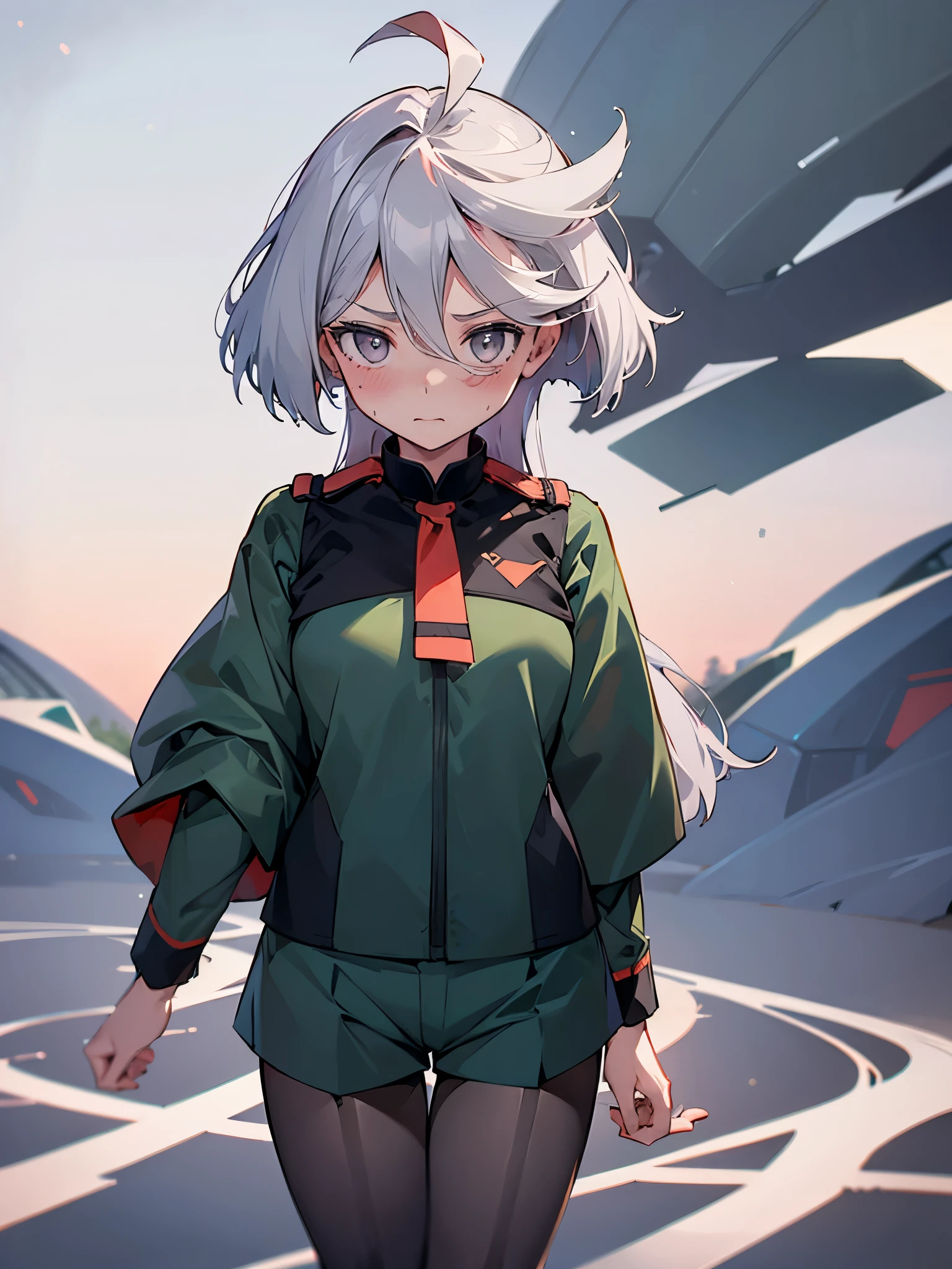 NSFW,(One girl:1.5),miorine1、miorine rembran、Asticasia uniform、solo、Long Hair、Grey Eyes、Grey Hair、Ahoge、Seamed legwear、Green shorts、tie、bangs、Hair between the eyes、Black Pantyhose、Long sleeve、Green jacket、Floating Hair、赤いtie,(Perfect hands),(Perfect Anatomy),(masterpiece),(highest quality),Embarrassed,blush