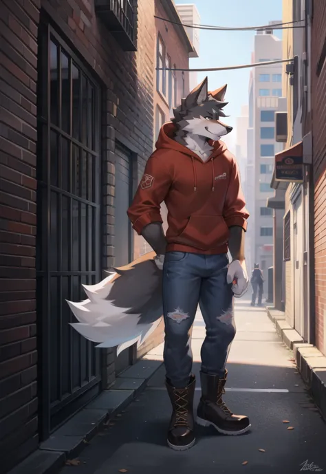 (Wolf, furry, anthropomorphic), male, standing in alleyway, city background, outside, wearing jeans wearing red hoodie, Furry ar...