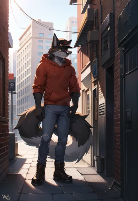 (Wolf, furry, anthropomorphic), male, standing in alleyway, city background, outside, wearing jeans wearing red hoodie, Furry ar...