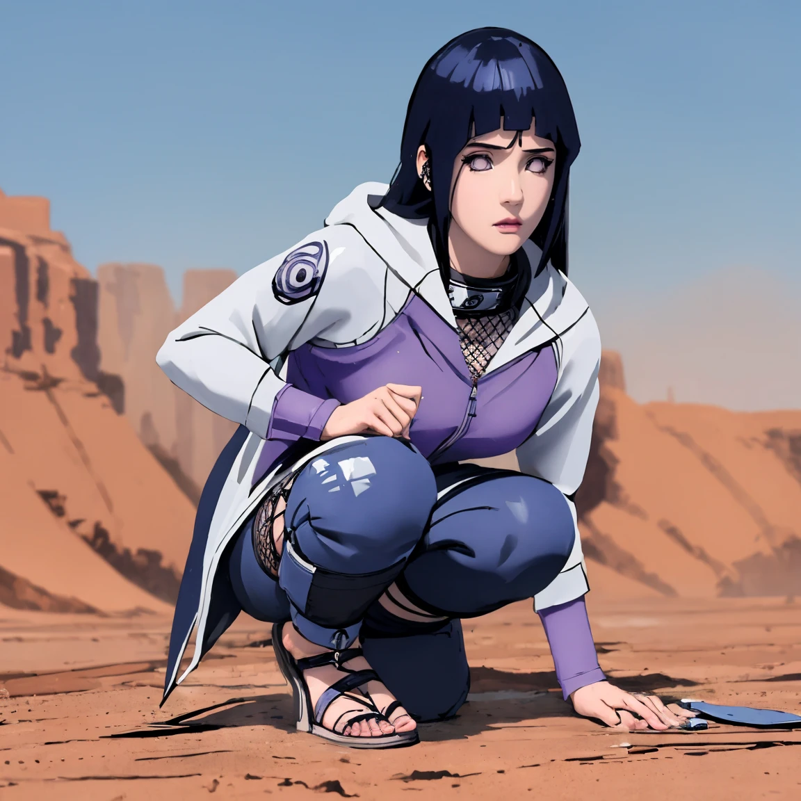 1girl, Hinata Hyuga, long hair, blunt bangs, dark blue hair, white eyes, no pupils, forehead protector, konohagakure symbol, purple and white hooded jacket, fishnets, blue pants, holster, bandage on thigh, open sandals , looking at viewer, (masterpiece, best quality, Professional, perfect composition, very aesthetic, absurdres, ultra-detailed, intricate details:1.3)