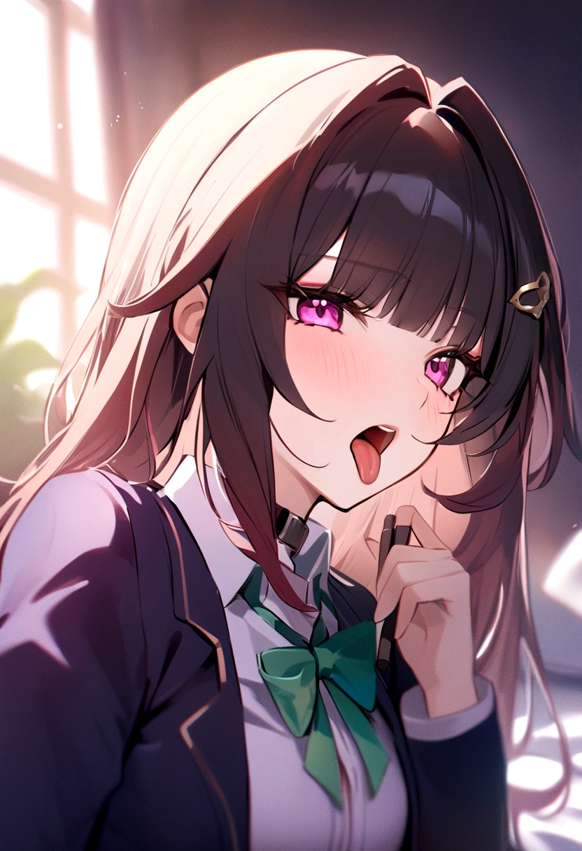 masterpiece, highest quality,blazer,One Girl,honkai_(series), Simple_background, shirt, head_ribbon, Open_Jacket, green_ribbon, Side Lock, With collar_shirt,hair_ornament, hair_intake, honkai:_star_rail, ribbon, Jacket, black_Jacket,Open_Clothes, School_uniform, alone, hairclip,Bed,Open your mouth and stick out your tongue,