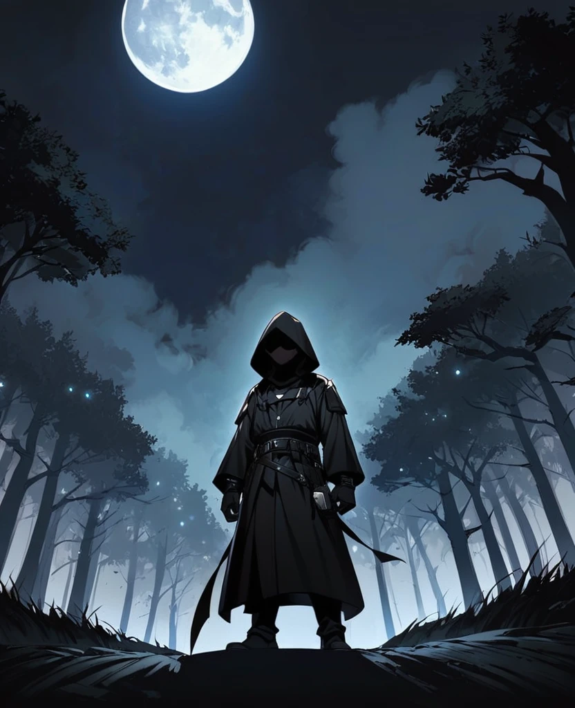 ((((Dark and moody, 1 boy), (black hair), (hood up), (black hood, dark mask:0.8), ((full body), dark clothes, contrast with black)), (background), moon:0.7, (trees, nighttime, forest:0.9), (midnight blue sky), ((highlighted by stars)), (standing), looking down, (( serious expression)), (wispy fog), mystery, stealth, umbranox, assassin, dark, mysterious:1.0)