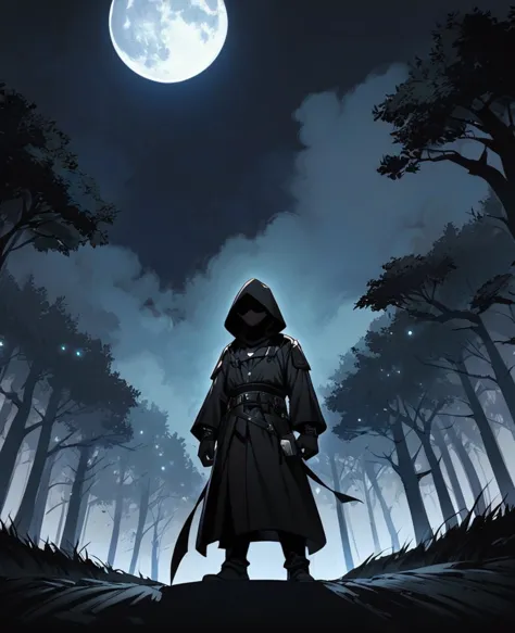 ((((dark and moody, 1 boy), (black hair), (hood up), (black hood, dark mask:0.8), ((full body), dark clothes, contrast with blac...