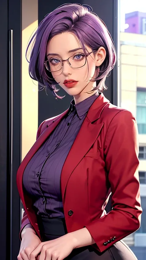 （（（Perfect number，number，red blazer， Grey shirt，Hip skirt（（（JMT,Glasses,Purple Hair,short hair,Purple Eyes,Michondev，Purple Eyes...