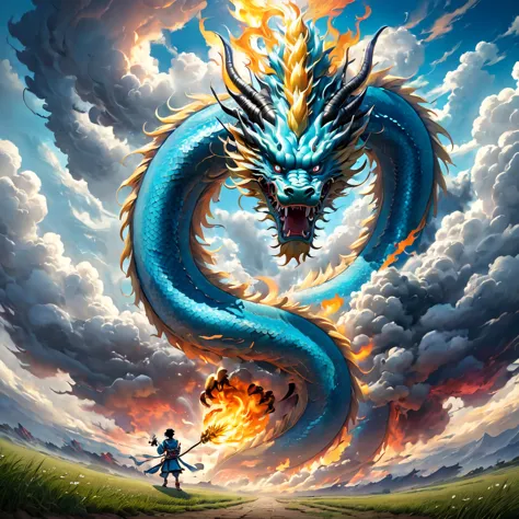 (The main subject: wide wide shot), The flame  light blue,[Multicolored,(Chinese dragon anthropomorphism)], salama,dramatic clou...