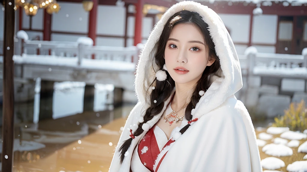 masterpiece, best quality, realistic, 8k, official art, cinematic light, ultra high res, 1girl, day, sunlight, light on face, huge breast, sexy, cleavage, (white hanfu), (Winter hanfu:1.2), (cloak:1.2), (snow:1.3),(upper body), open V chest, 
 French twist, jewelry ,necklace , Appalachian, nsfw, ((realistic detailed)), make up, sexy face