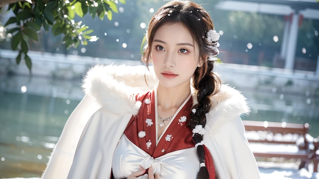 masterpiece, best quality, realistic, 8k, official art, cinematic light, ultra high res, 1girl, day, sunlight, light on face, huge breast, sexy, cleavage, (white hanfu), (Winter hanfu:1.2), (cloak:1.2), (snow:1.3),(upper body), open V chest, 
 French twist, jewelry ,necklace , Appalachian, nsfw, ((realistic detailed)), make up, sexy face