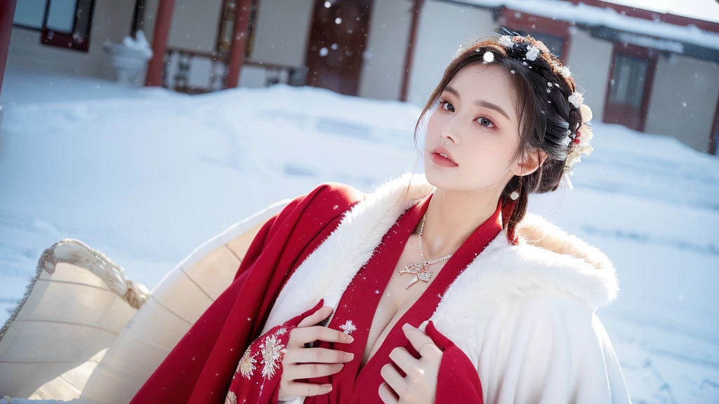 masterpiece, best quality, realistic, 8k, official art, cinematic light, ultra high res, 1girl, day, sunlight, light on face, huge breast, sexy, cleavage, (white hanfu), (Winter hanfu:1.2), (cloak:1.2), (snow:1.3),(upper body), open V chest, 
 French twist, jewelry ,necklace , Appalachian, nsfw, ((realistic detailed)), make up, sexy face, huge boobs