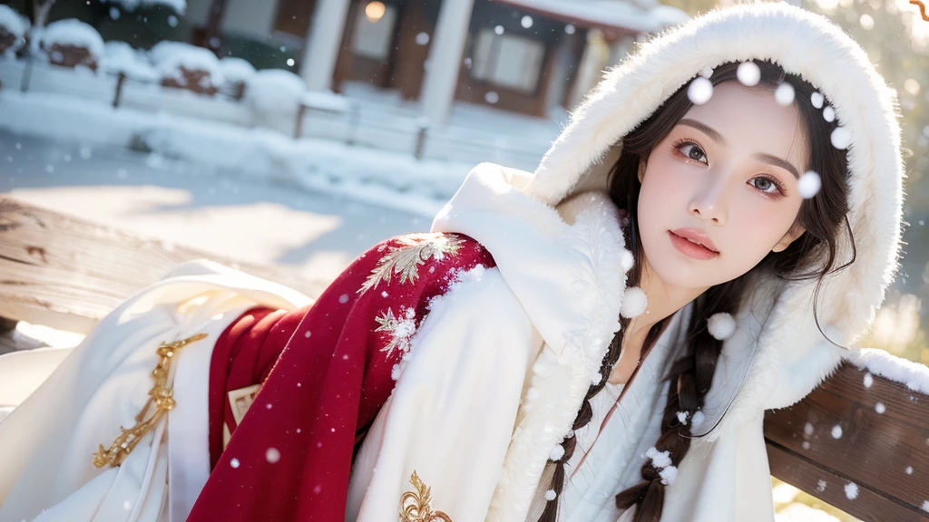 masterpiece, best quality, realistic, 8k, official art, cinematic light, ultra high res, 1girl, day, sunlight, light on face, huge breast, sexy, cleavage, (white hanfu), (Winter hanfu:1.2), (cloak:1.2), (snow:1.3),(upper body), open V chest, 
 French twist, jewelry ,necklace , Appalachian, nsfw, ((realistic detailed)), make up, sexy face