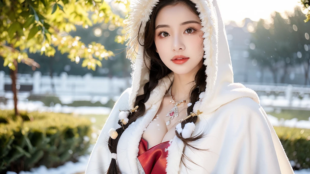 masterpiece, best quality, realistic, 8k, official art, cinematic light, ultra high res, 1girl, day, sunlight, light on face, huge breast, sexy, cleavage, (white hanfu), (Winter hanfu:1.2), (cloak:1.2), (snow:1.3),(upper body), open V chest, 
 French twist, jewelry ,necklace , Appalachian, nsfw, ((realistic detailed)), make up, sexy face, huge 