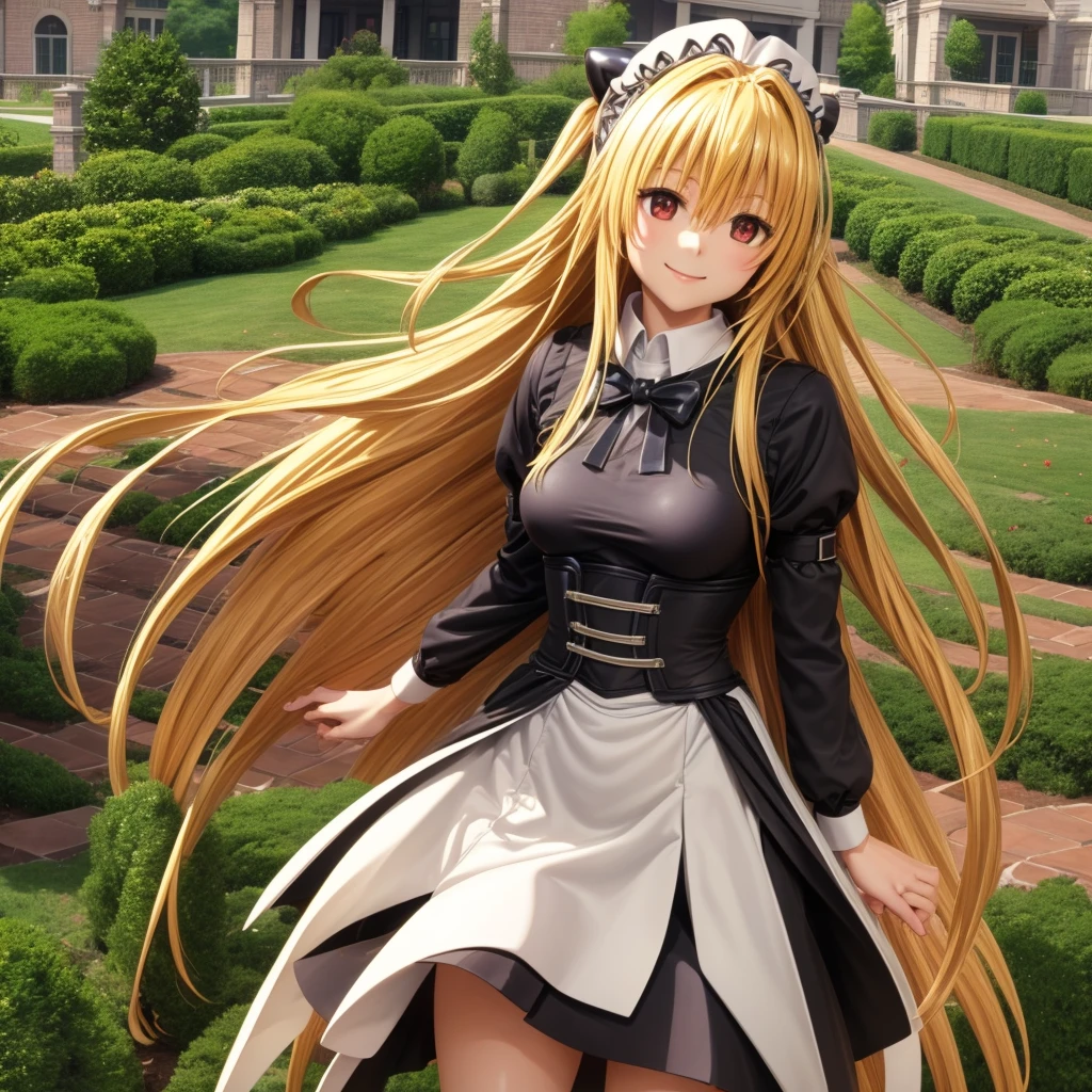 masterpiece, best quality, highres, aayami, very long hair, two side up, hair ornament, maid, maid headdress, smile, garden, skirt hold, standing