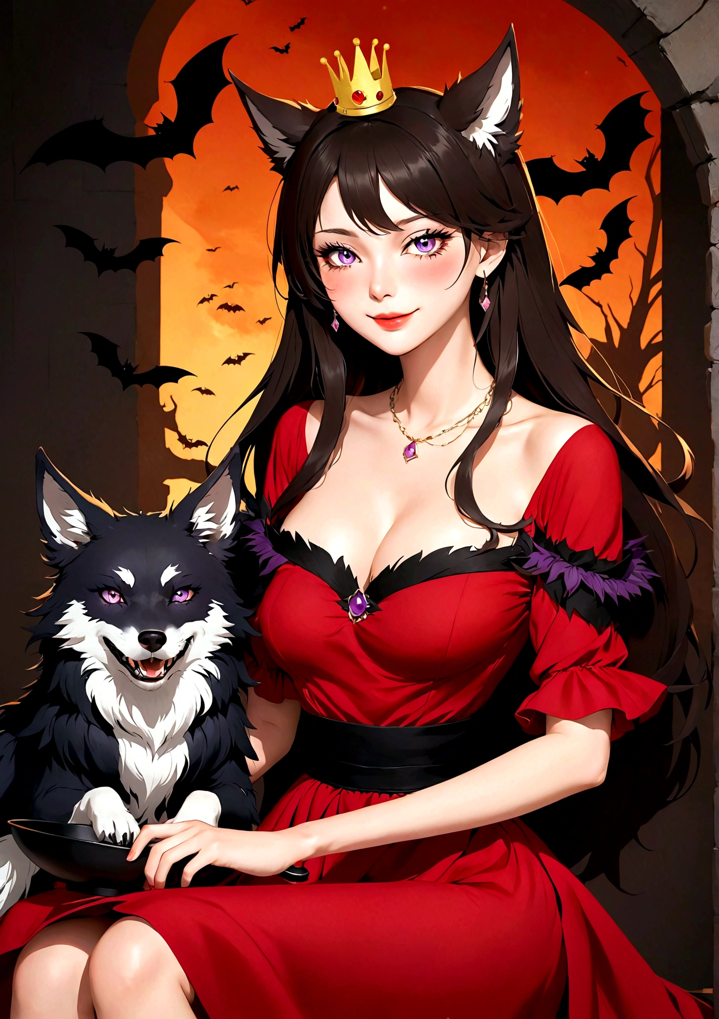 Vector，flat，Simple and smooth lines，A beautiful illustration：Big Bad Wolf:1.37.frying pan:1.37 Beautiful girl sitting elegantly，(((She has a beauty spot:1.37)))，Purple Eyes，Delicate lashes，Smile，Smooth skin，Long black hair，Wolf ears， Small Crown，Gorgeous red dress，温顺的Big Bad Wolf。Correct human anatomy，moonlight，bat