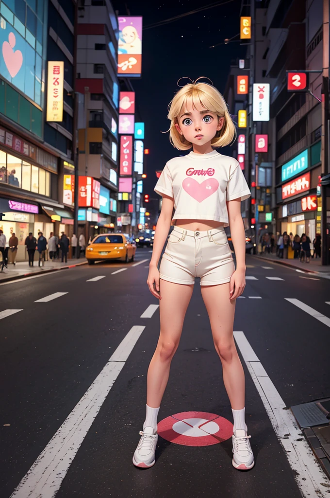 La pequeña rubia fotorrealista Mckenna Grace finge ser un lovebot minimalista y se somete a pruebas de producto y se le examina de forma natural en una concurrida calle de Tokio por la noche.. Ella hace alarde de sus rasgos. Cuerpo completo a la vista sin obstáculos..