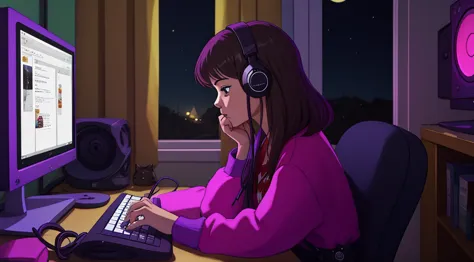 lofistudy, 1 garota em, Entre, digitando, Um cabelo rosa, Olhos castanhos, uma cadeira, um computador, fones de ouvido, interior...