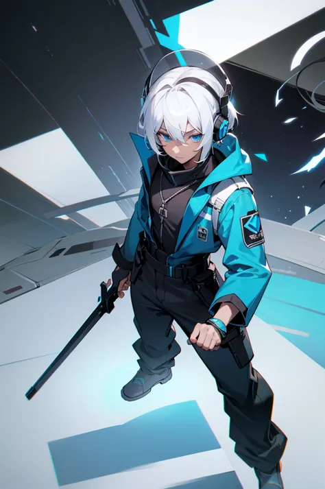 young adult, male, white hair, blue eyes, african american skin color, black jumpsuit, headphones, trion body, armed.