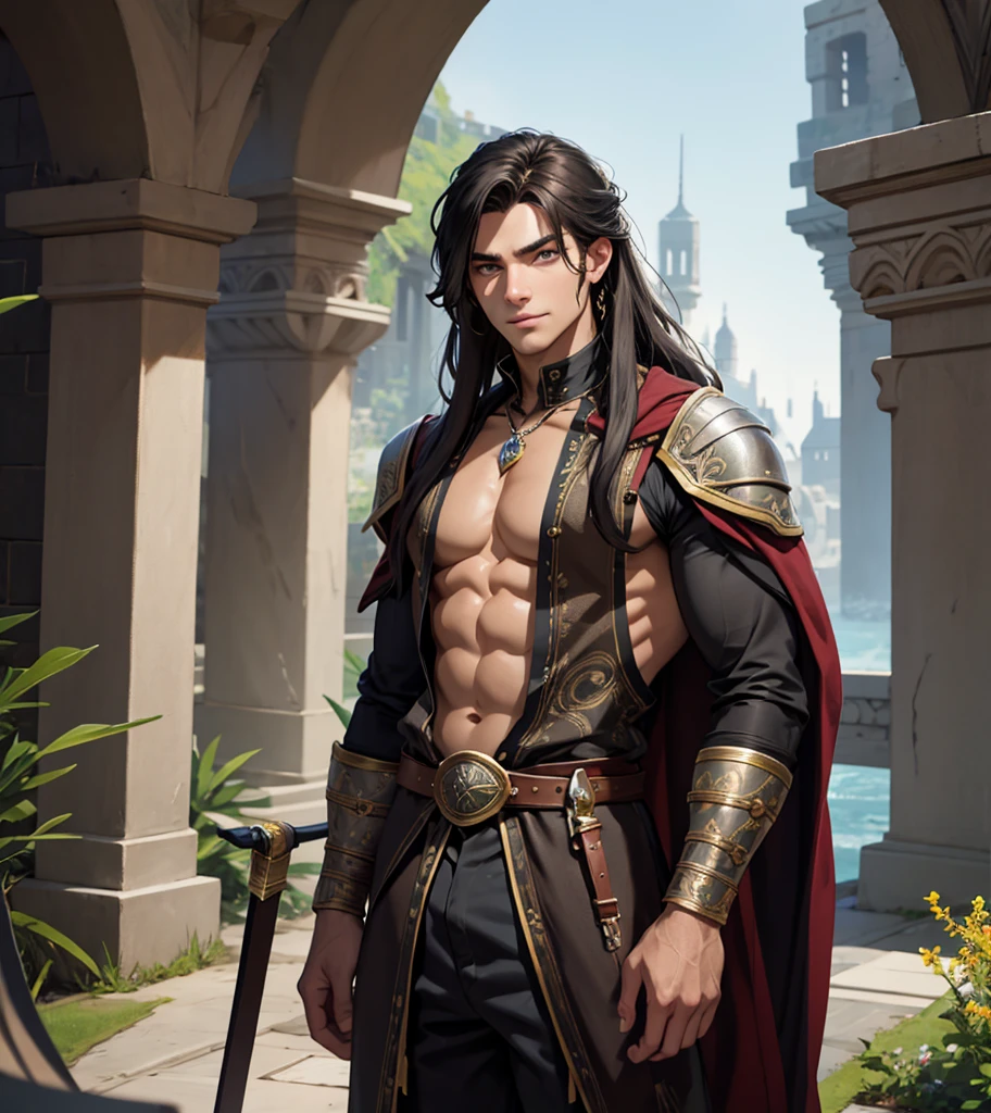 (((Solo character image.))) (((Generate a single character image.)))  (((Dressed in medieval fantasy attire.))) (((18 years old.))) (((18yo.))) (((Dressed in medieval fantasy attire.))) (((Body of a male fitness model.))) Cute guy. Hot guy.  (((Looks like Adonis.))) (((Dressed in medieval fantasy attire.))) (((Intense, sexy stare.))) (((Beautiful long sexy hair.)))  Looks like a fun-loving and heroic male adventurer for Dungeons & Dragons. Looks like a very attractive male adventurer for a high fantasy setting. Looks like a handsome and rugged male adventurer for Dungeons & Dragons. Looks like a handsome male for a medieval fantasy setting. Looks like a Dungeons & Dragons adventurer, very cool and masculine hair style, black clothing, handsome, charming smile, adventurer, athletic build, excellent physique, confident, gorgeous face, gorgeous body,  detailed and intricate, fantasy setting,fantasy art, dungeons & dragons, fantasy adventurer, fantasy NPC, attractive male in his mid 20's, ultra detailed, epic masterpiece, ultra detailed, intricate details, digital art, unreal engine, 8k, ultra HD, centered image award winning, fantasy art concept, digital art, centered image, flirting with viewer, best quality:1.0,hyperealistic:1.0,photorealistic:1.0,madly detailed CG unity 8k wallpaper:1.0,masterpiece:1.3,madly detailed photo:1.2, hyper-realistic lifelike texture:1.4, picture-perfect:1.0,8k, HQ,best quality:1.0,, best quality:1.0,hyperealistic:1.0,photorealistic:1.0,madly detailed CG unity 8k wallpaper:1.0,masterpiece:1.3,madly detailed photo:1.2, hyper-realistic lifelike texture:1.4, picture-perfect:1.0,8k, HQ,best quality:1.0,