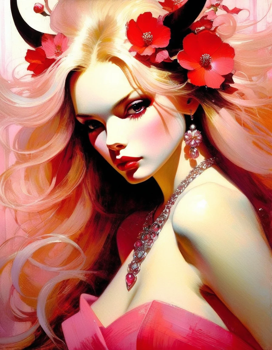 1girl, solo, alone, pink eyes, long hair, blonde hair, pink dress, flower, camellia, jewelry, nail polish, ring, hair ornament, flower ornaments, pink nails, White hell, masterpiece, best quality, white hell, red horns, sakura pedals in hair,(art inspired by Bill Sienkiewicz). oil painting, details of brush strokes that enhance depth)
