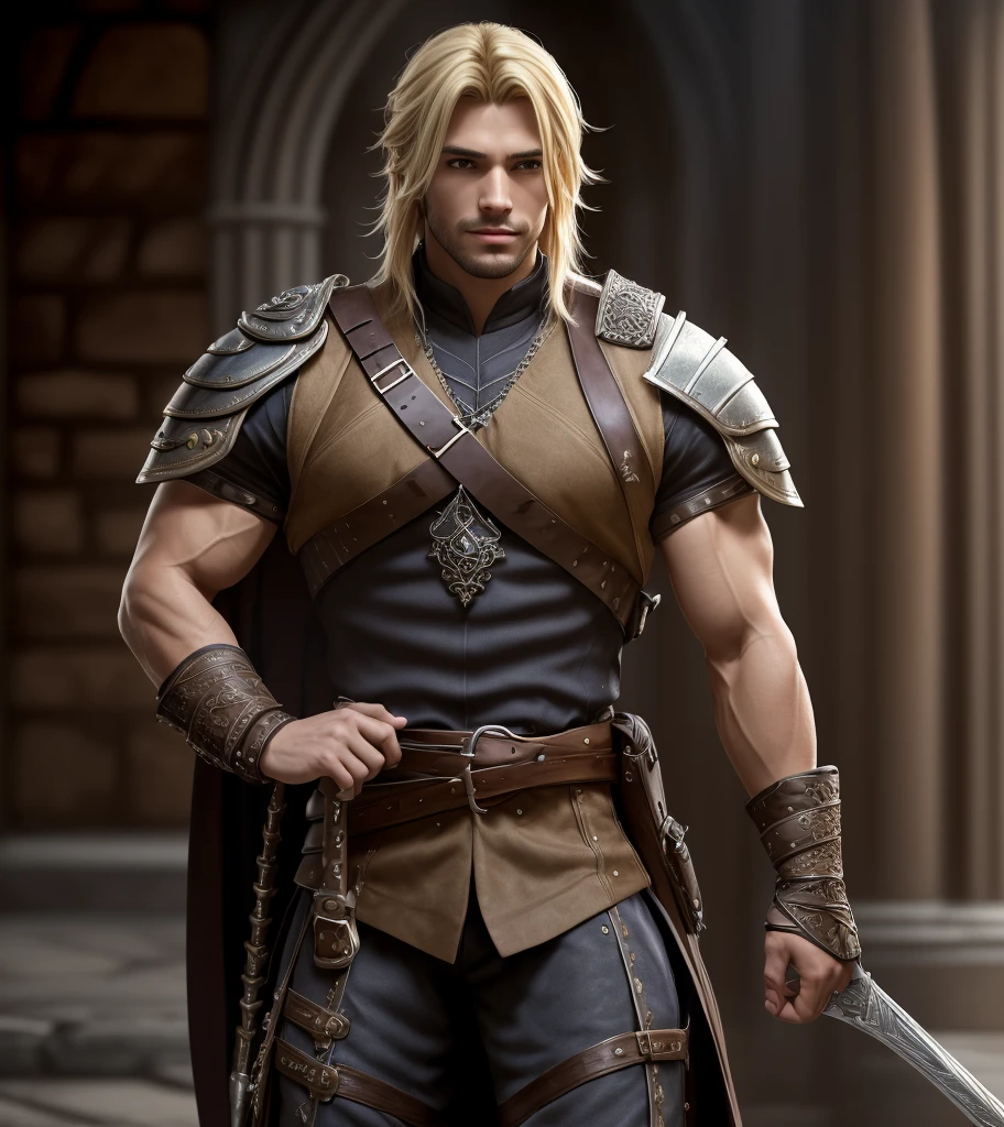 (((Solo character image.))) (((Generate a single character image.)))  (((Dressed in medieval fantasy attire.))) (((18 years old.))) (((18yo.))) (((Dressed in medieval fantasy attire.))) (((Body of a male fitness model.))) Cute guy. Hot guy.  (((Looks like Adonis.))) (((Dressed in medieval fantasy attire.))) (((Intense, sexy stare.))) (((Beautiful long sexy blond hair.)))  (((Beefcake body.))) Looks like a fun-loving and heroic male adventurer for Dungeons & Dragons. Looks like a very attractive male adventurer for a high fantasy setting. Looks like a handsome and rugged male adventurer for Dungeons & Dragons. Looks like a handsome male for a medieval fantasy setting. Looks like a Dungeons & Dragons adventurer, very cool and masculine hair style, black clothing, handsome, charming smile, adventurer, athletic build, excellent physique, confident, gorgeous face, gorgeous body,  detailed and intricate, fantasy setting,fantasy art, dungeons & dragons, fantasy adventurer, fantasy NPC, attractive male in his mid 20's, ultra detailed, epic masterpiece, ultra detailed, intricate details, digital art, unreal engine, 8k, ultra HD, centered image award winning, fantasy art concept, digital art, centered image, flirting with viewer, best quality:1.0,hyperealistic:1.0,photorealistic:1.0,madly detailed CG unity 8k wallpaper:1.0,masterpiece:1.3,madly detailed photo:1.2, hyper-realistic lifelike texture:1.4, picture-perfect:1.0,8k, HQ,best quality:1.0,, best quality:1.0,hyperealistic:1.0,photorealistic:1.0,madly detailed CG unity 8k wallpaper:1.0,masterpiece:1.3,madly detailed photo:1.2, hyper-realistic lifelike texture:1.4, picture-perfect:1.0,8k, HQ,best quality:1.0,