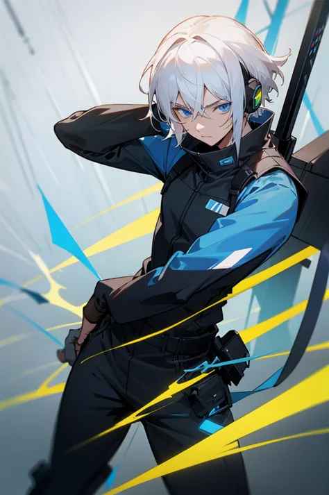 young adult, male, white hair, blue eyes, dark skined, black jumpsuit, headphones, trion body, armed.