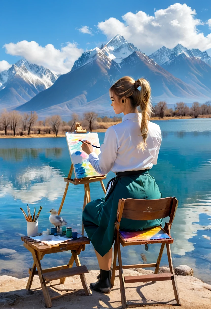 (後ろ姿:1.2), 冬, 湖畔の画家, 静かな湖畔で, 青い空と白い雲が水面に映る. 野生のカモが数羽、のんびりと泳いでいる, 遠くの山々が湖の水に自然の水墨画を描いている. 芸術家の作業服を着た女性が折りたたみ椅子に座っていた, 彼女の前にはキャンバスと色とりどりの絵の具が並んでいる. 彼女はアニメーションペンを振ることに夢中になっていた, 目の前の美しい景色を細部まで捉えようと. 彼女の髪はポニーテールに結ばれていた, 数本の髪の毛がそよ風に吹かれて彼女の顔にそっと触れた。, (傑作, 最高品質, プロ, 完璧な構成, とても美しい, 不条理な, 超詳細, 複雑なディテール:1.3)
